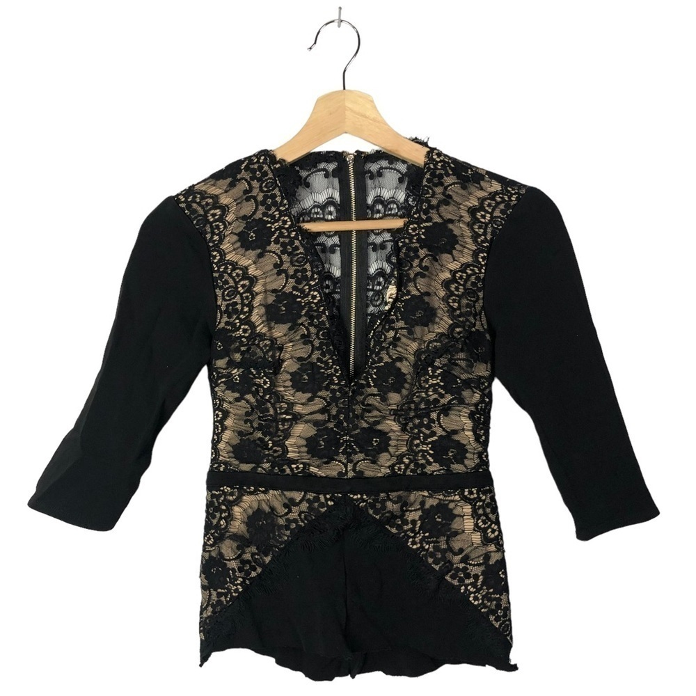 Boutique Nude & Black Lace Back Zip Long Sleeve Blouse XS